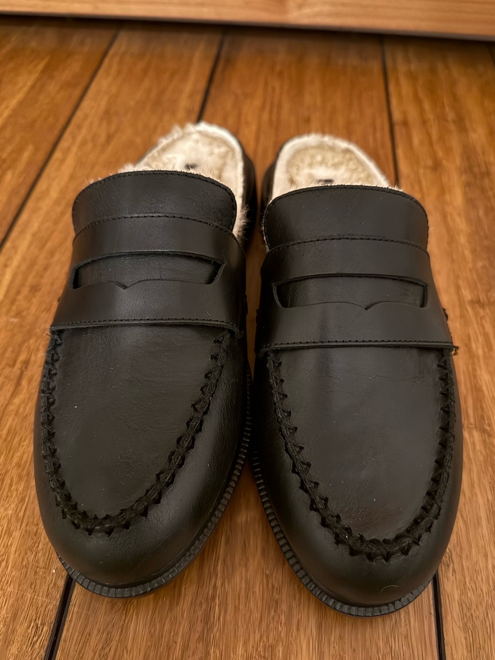Kelsi Dagger Brooklyn Lock Black Leather Faux Shearling Loafers/ Mule NWOT